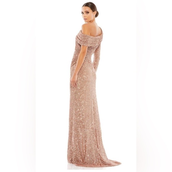 Nwt Ieena for Mac Duggal Sequined Drop Shoulder Faux Wrap Gown in Copper - Picture 4 of 15